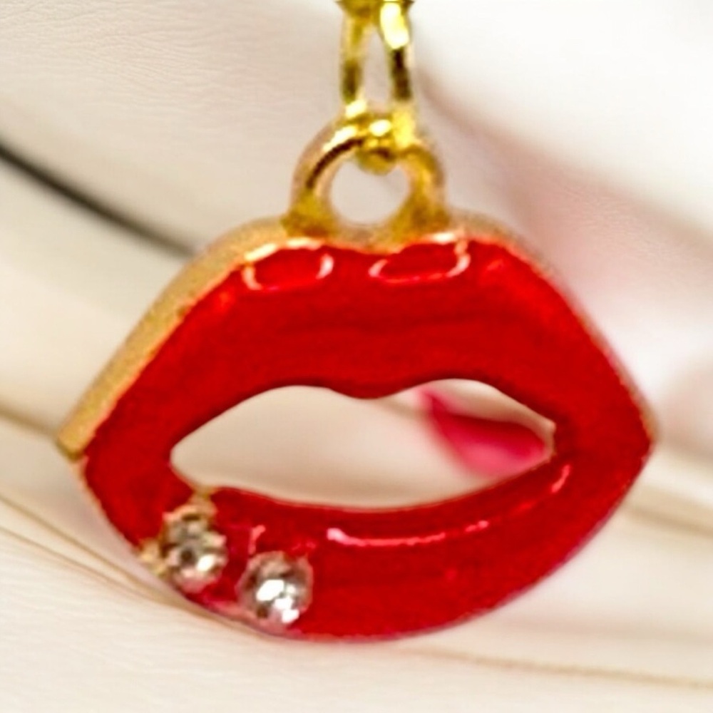 Red Lips Gold & Bright With 2 Crystals Stud Dangle Earrings - Picture 3 of 7